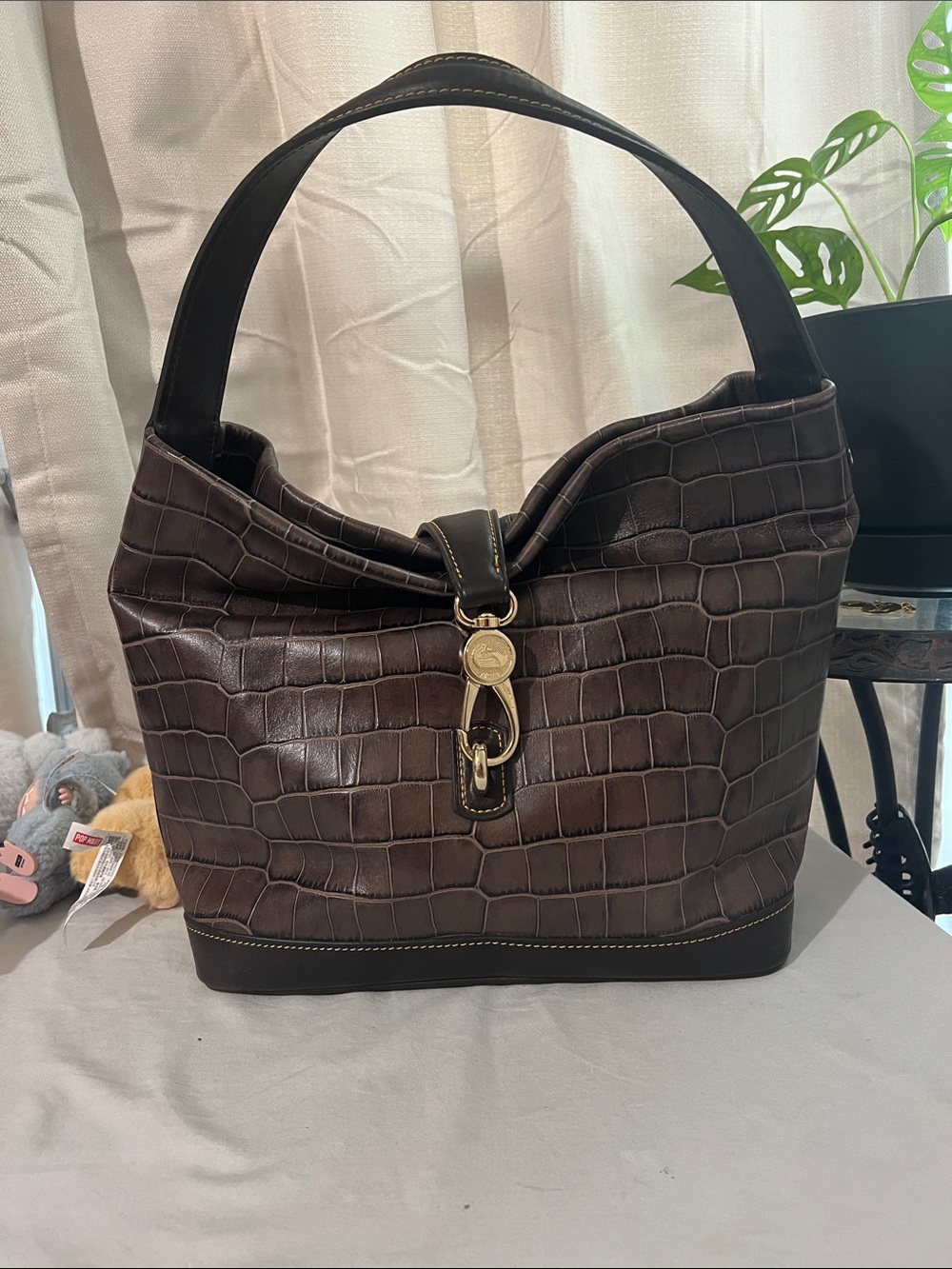 Dooney & Bourke Dark Brown Croc-Embossed Shoulder Bag with Gold Hardware